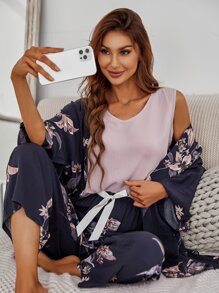 Bộ áo choàng in hoa & áo ba lỗ & quần PJ / Bộ Pyjama - Nhiều màu - Xem 6