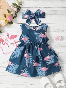 Baby Girl Flamingo Print Layered Hem A Line Dress With Headband - Dusty Blue - View 1