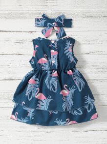 Baby Girl Flamingo Print Layered Hem A Line Dress With Headband - Dusty Blue - View 2