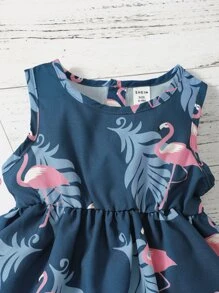 Baby Girl Flamingo Print Layered Hem A Line Dress With Headband - Dusty Blue - View 3