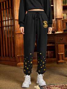 HARRY POTTER X SHEIN Star & Letter Graphic Drawstring Waist Joggers - Black - View 1