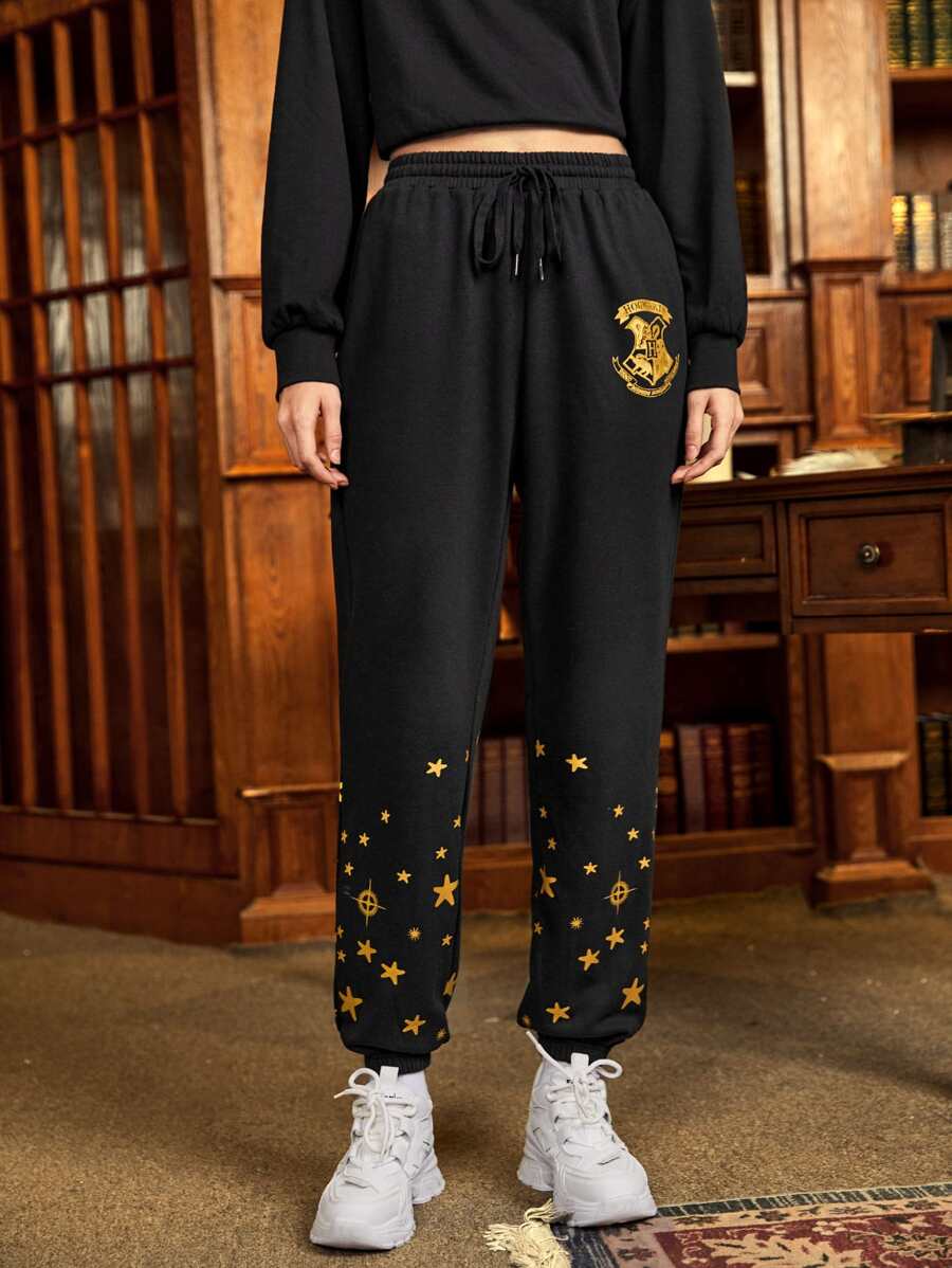 HARRY POTTER X SHEIN Star & Letter Graphic Drawstring Waist Joggers - Black - View 1