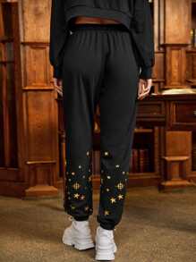 HARRY POTTER X SHEIN Star & Letter Graphic Drawstring Waist Joggers - Black - View 2