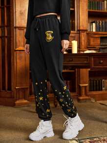 HARRY POTTER X SHEIN Star & Letter Graphic Drawstring Waist Joggers - Black - View 3