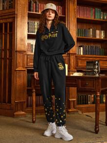HARRY POTTER X SHEIN Star & Letter Graphic Drawstring Waist Joggers - Black - View 4