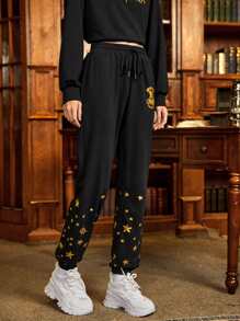 HARRY POTTER X SHEIN Star & Letter Graphic Drawstring Waist Joggers - Black - View 5