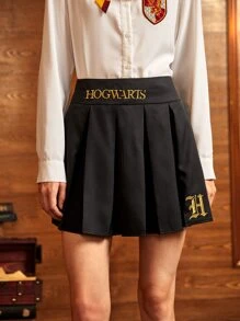 HARRY POTTER X SHEIN 字母刺繡百褶半身裙 - 黑色 - 查看 1