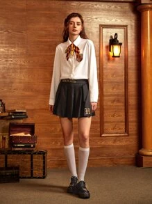 HARRY POTTER X SHEIN 字母刺繡百褶半身裙 - 黑色 - 查看 3