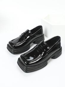 Minimalist Square Toe Platform Loafers - màu đen - Xem 3