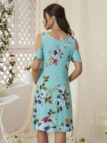 DEARCASE Vestido de maternidad de hombros descubiertos con estampado floral - Azul - Ver 2