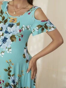 DEARCASE Vestido de maternidad de hombros descubiertos con estampado floral - Azul - Ver 4