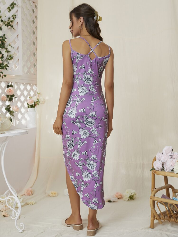 DEARCASE Maternidad Vestido de tirantes con estampado floral bajo cruzado - Morado - Añade 2