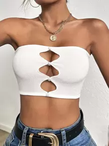 SHEIN Essnce Cut Out Front Crop Tube Top - White - View 1