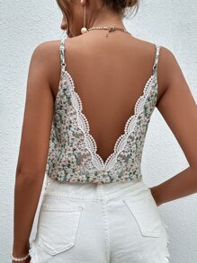 SHEIN Frenchy Lace Trim V-Backless Cami Top Summer Vacation Green Flower Green - Green - View 1