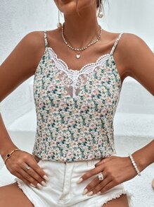 SHEIN Frenchy Lace Trim V-Backless Cami Top Summer Vacation Green Flower Green - Green - View 2