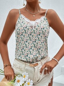 SHEIN Frenchy Lace Trim V-Backless Cami Top Summer Vacation Green Flower Green - Green - View 3