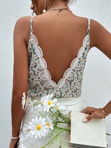 SHEIN Frenchy Lace Trim V-Backless Cami Top Summer Vacation Green Flower Green - Green - View 4