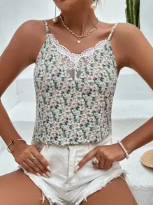 SHEIN Frenchy Lace Trim V-Backless Cami Top Summer Vacation Green Flower Green - Green - View 5