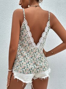 SHEIN Frenchy Lace Trim V-Backless Cami Top Summer Vacation Green Flower Green - Green - View 6