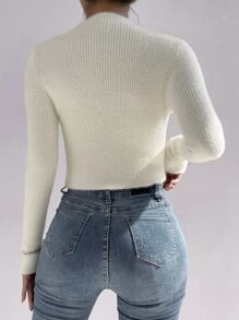 SHEIN ChicEase Suéter de cuello alto esponjoso, Tops de manga larga de punto, Suéter de punto para otoño e invierno - Blanco - Ver 2