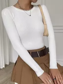 SHEIN Essnce Solid Ribbed Knit Jumper - White - View 5