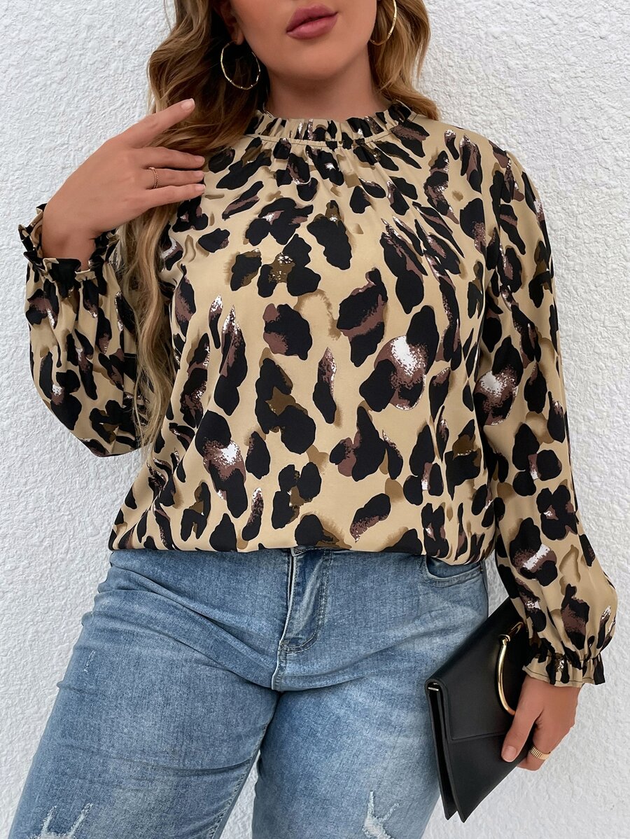 SHEIN LUNE Plus Frill Trim Allover Print Blouse - Multicolor - View 1