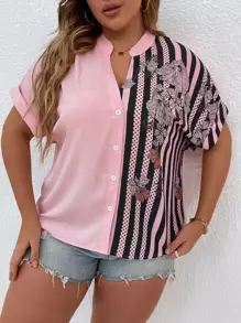 Calvaya Blusa con botones y estampado floral talla grande para verano - Rosa Pálido - Ver 3