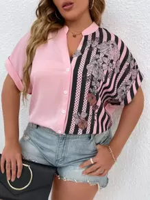 Calvaya Blusa con botones y estampado floral talla grande para verano - Rosa Pálido - Ver 4
