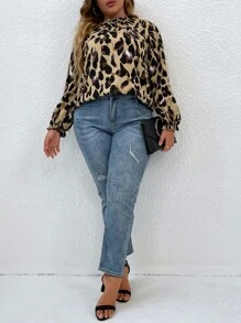 SHEIN LUNE Plus Frill Trim Allover Print Blouse - Multicolor - View 5