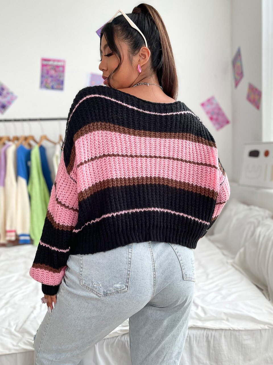 Plus Size Women's Casual Color Block Striped Sweater, Autumn Winter Knit Pullover Fall