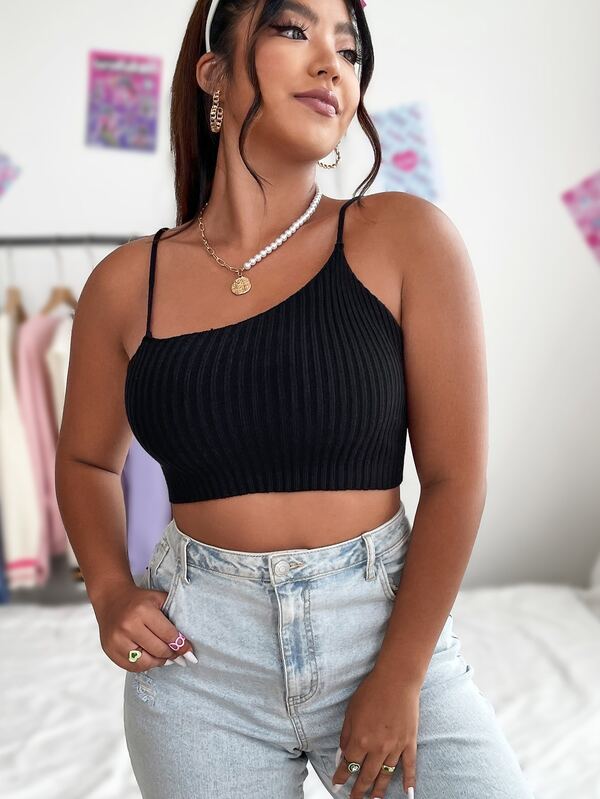 Plus Asymmetrical Neck Crop Cami Knit Top