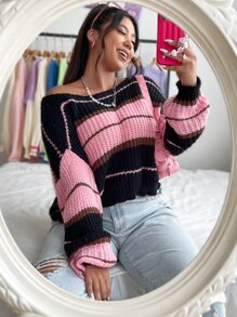 Flirla Plus Size Women's Casual Color Block Striped Sweater, Autumn Winter Knit Pullover Fall - Multicolor - View 6