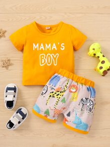 Baby Boy Letter Graphic Tee & Dinosaur Print Shorts - Multicolor - View 1