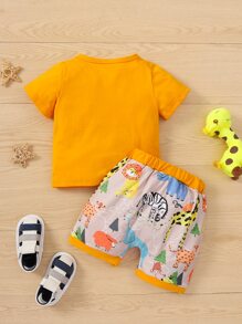 Baby Boy Letter Graphic Tee & Dinosaur Print Shorts - Multicolor - View 2