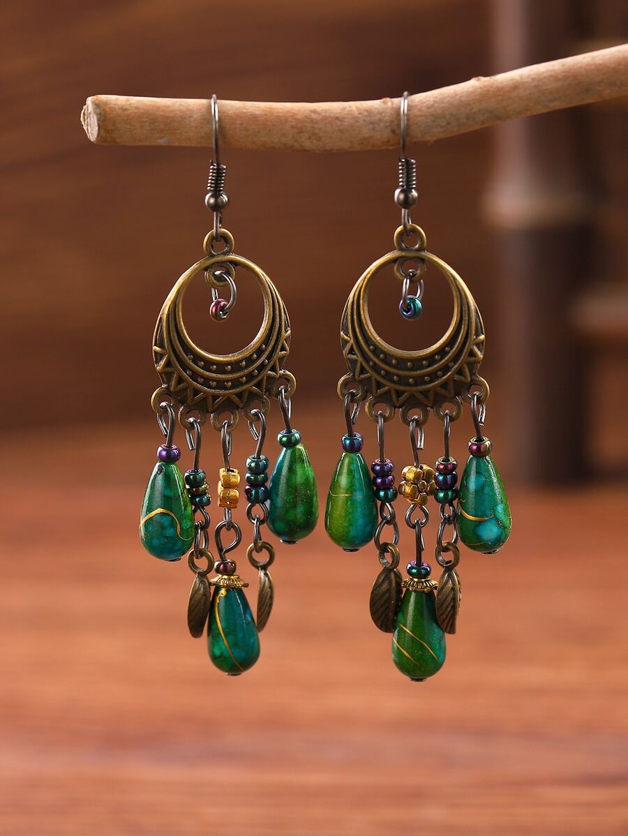 Pendientes largos hoja & cuenta - Multicolor - Ver 1