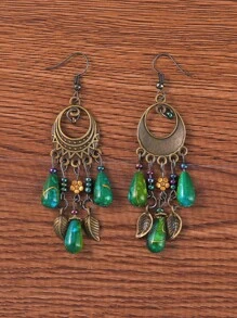 Pendientes largos hoja & cuenta - Multicolor - Ver 2