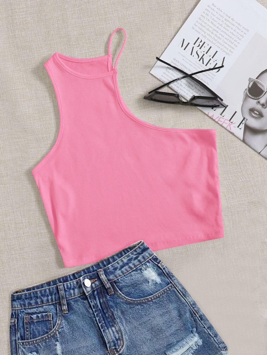 SHEIN EZwear 不對稱領背心上衣 - 粉色 - 查看 1