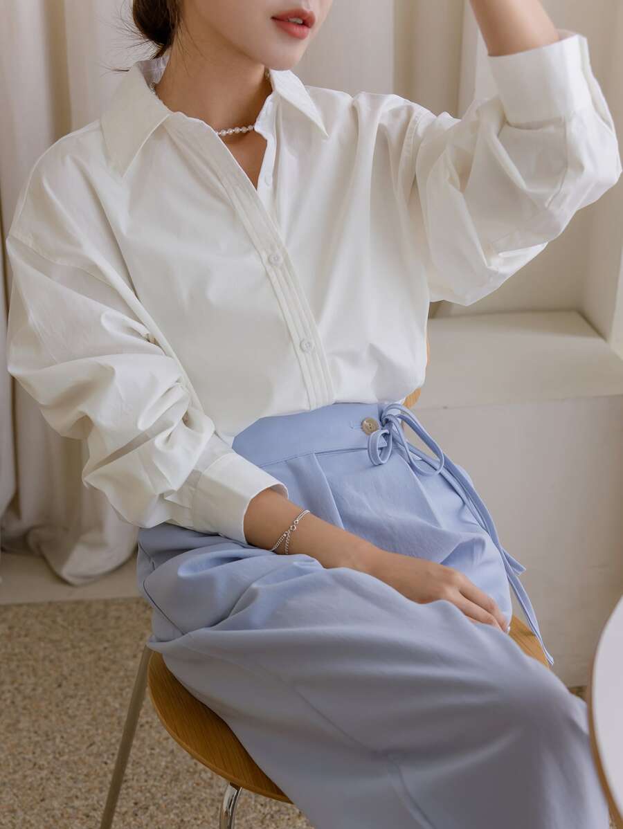 DAZY 单排扣落肩长袖衬衫 - 白色 - 查看 1