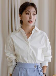 DAZY 单排扣落肩长袖衬衫 - 白色 - 查看 3