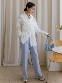 DAZY 单排扣落肩长袖衬衫 - 白色 - 查看 4