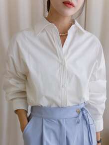 DAZY 单排扣落肩长袖衬衫 - 白色 - 查看 5