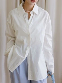 DAZY 单排扣落肩长袖衬衫 - 白色 - 查看 6