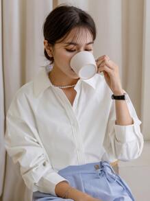 DAZY 单排扣落肩长袖衬衫 - 白色 - 查看 7