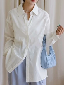 DAZY 单排扣落肩长袖衬衫 - 白色 - 查看 8