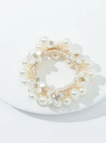 1 件花朵和仿珍珠装饰发带优雅马尾辫固定器发圈橡皮筋发圈发绳弹性发带