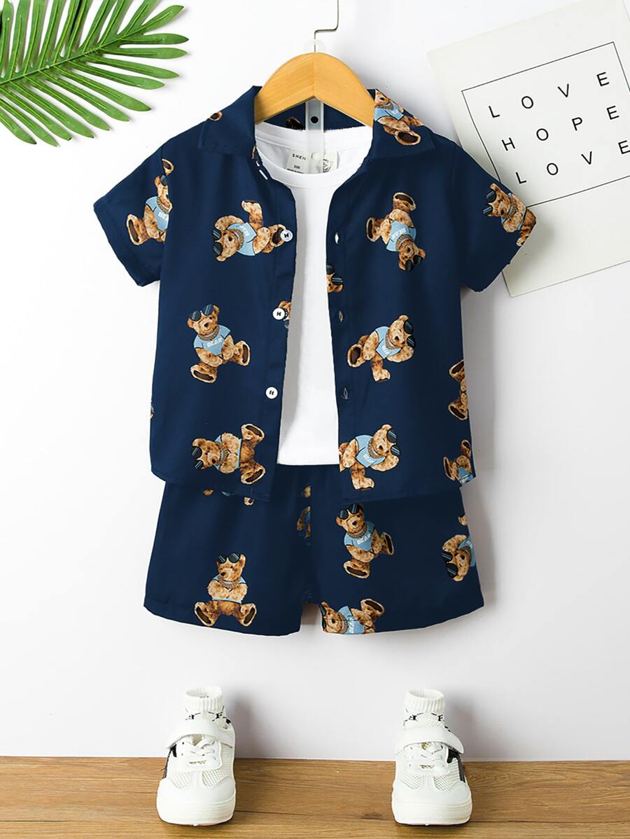 SHEIN 小男童小熊印花襯衫和短褲不帶T恤