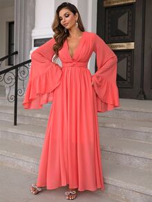 Joyfunear 深V領荷葉袖高衩雪紡洋裝 - 西瓜粉 - 查看 5