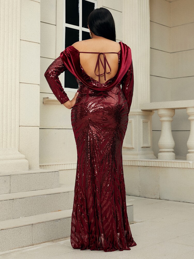 seomiscky Plus Asymmetrical Neck Split Thigh Draped Backless Sequins Prom Dress - Maroon - View 2