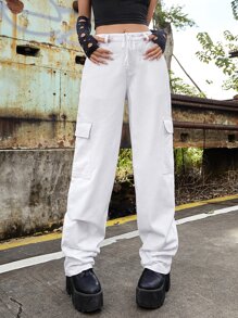 ROMWE PUNK 腰部抽繩翻蓋口袋工裝牛仔褲 - 白色 - 查看 1