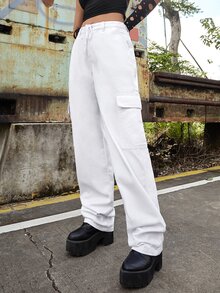 ROMWE PUNK 腰部抽繩翻蓋口袋工裝牛仔褲 - 白色 - 查看 3